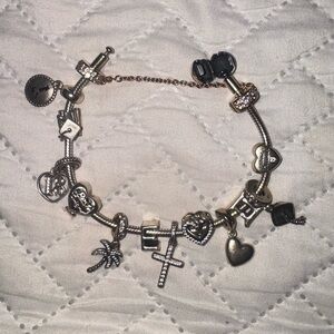 Silver Charm Bracelet with Heart, Cross & Palm Charms